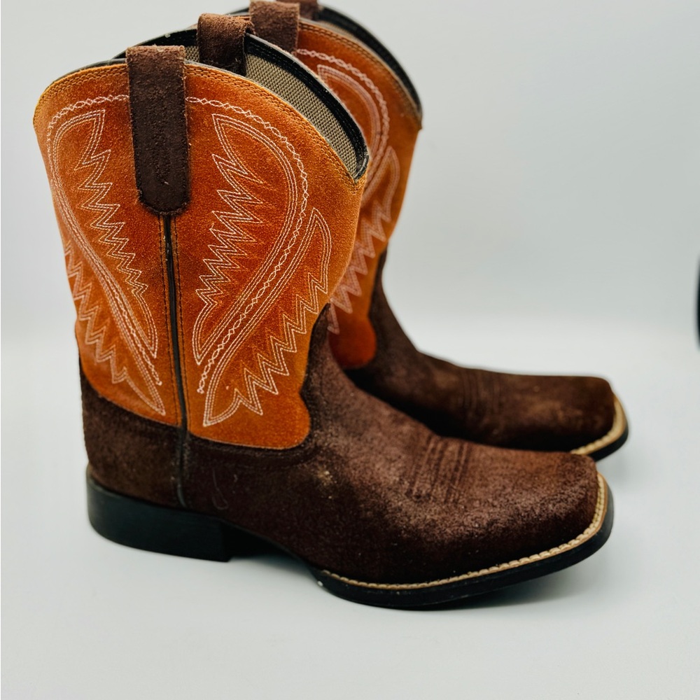 ARIAR Suede Leather Mid Calf Square Toe Low Heel Boots Brown Orange Size 7.5